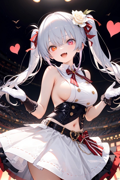  nai3,1girl,white hair,red eyes,1girl, breasts, solo, virtual_youtuber, fang, skin_fang, red_eyes, houshou_marine, gloves,  twintails, heterochromia, white_gloves, smile, heart_hands, hair_flower,looking_at_viewer, skirt, official_alternate_costume, :d, navel, flower, open_mouth, hair_ornament, blush, hair_ribbon, white_skirt, ribbon, hololive_idol_uniform, sideboob, white_bow, bangs, sleeveless, bow, navel_cutout, white_rose, idol, red_ribbon, belt, hair_between_eyes, cowboy_shot, clothing_cutout, rose, blurry, bare_shoulders