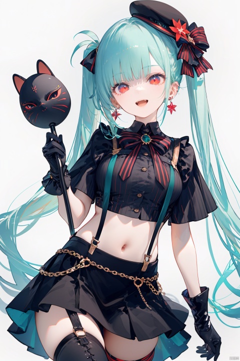  nai3,1girl,white hair,red eyes, 1girl, solo, holding_mask, hat, boots, chain, mask, twintails, gloves, white_background, holding, bow, knee_boots, skirt, long_hair, thighhighs, crop_top, aqua_hair, earrings, open_mouth, striped, black_footwear, jewelry, asymmetrical_legwear, black_gloves, looking_at_viewer, simple_background, shirt, suspenders, hair_bow, frills, striped_thighhighs, smile, short_sleeves, thigh_strap, black_headwear, single_glove, midriff, black_skirt, miniskirt, black_shirt, mini_hat,cowboy shot,best quality, amazing quality, very aesthetic