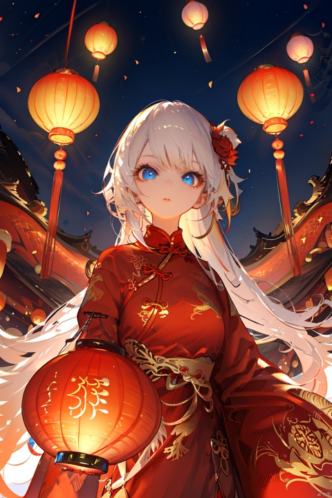 nai3,1girl,white hair,blue eyes,hair flowers,chinese clothes, eastern dragon,chinese new year,lantern
