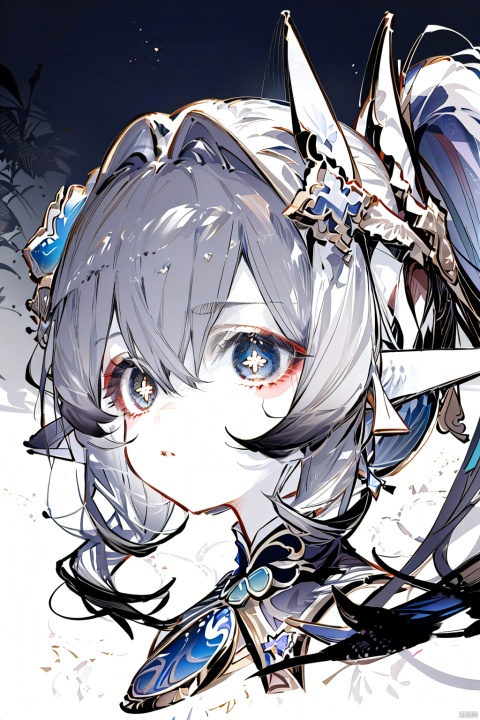 ink style, 1girl, nahida (genshin impact), solo, monochrome, hair ornament, pointy ears, side ponytail, symbol-shaped pupils, looking at viewer, cross-shaped pupils, bangs, long hair, parted lips, hair between eyes, upper body, dress, greyscale