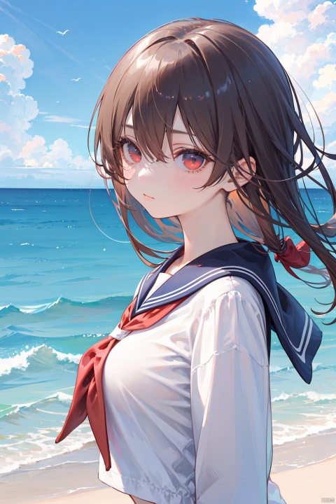 1girl, solo, long hair, looking at viewer, blush, bangs, brown hair, shirt, red eyes, hair between eyes, closed mouth, school uniform, white shirt, upper body, outdoors, sky, serafuku, day, cloud, sailor collar, water, from side, blue sky, neckerchief, looking to the side, floating hair, ocean, blue sailor collar, red neckerchief, clock