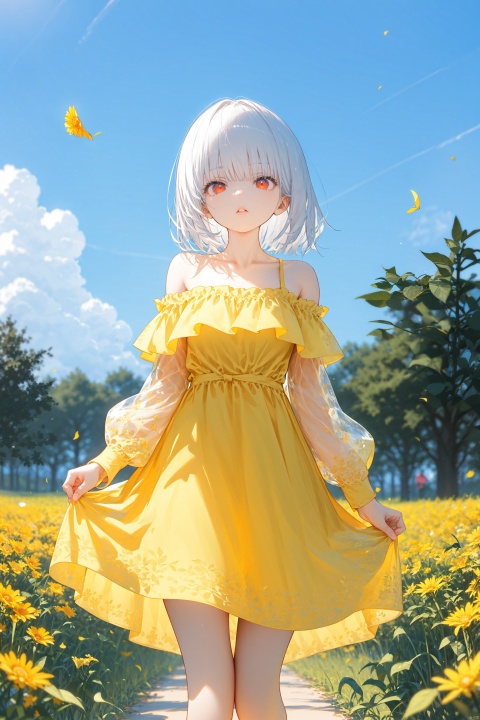  nai3,1girl,white hair,red eyes, 1girl, solo, dress, outdoors, blurry, looking_at_viewer, blurry_foreground, long_sleeves, sky, bangs, standing, collarbone, off-shoulder_dress, flower, off_shoulder, yellow_dress, yellow_flower, cloud, parted_lips, skirt_hold, feet_out_of_frame, bare_shoulders, blue_sky, depth_of_field, day, short_hair, medium_hair, blurry_background, petals, breasts, field, flower_field,best quality, amazing quality, very aesthetic
