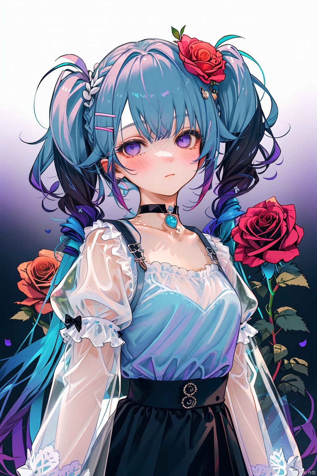  1girl, solo, long hair, breasts, looking at viewer, blush, bangs, skirt, simple background, shirt, hair ornament, long sleeves, bow, twintails, very long hair, closed mouth, blue hair, purple eyes, flower, white hair, hair bow, multicolored hair, small breasts, choker, hairclip, puffy sleeves, hand up, hair flower, black skirt, two-tone hair, see-through, black bow, gradient hair, rose, black choker, blue shirt, black background, puffy long sleeves, purple flower, see-through sleeves, purple rose, nai3, Light-electric style