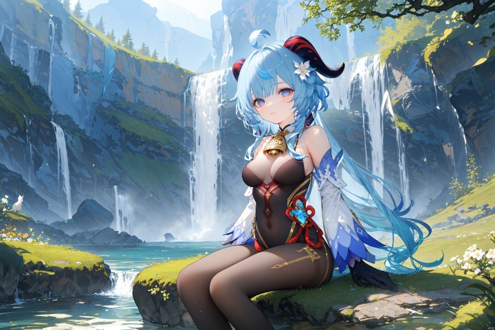 Ganyu (Genshin Impact),1girl, solo, long hair, horns, hair ornament, hair flower, blue hair, bell, ahoge, breasts, flower, detached sleeves, sitting, water, outdoors, neck bell, looking at viewer, bare shoulders, flower knot, bangs, blush, gold trim, blue eyes, goat horns, white flower, rock, pantyhose, day, waterfall, scenery, medium breasts, very long hair, black pantyhose, sunlight, long sleeves, full body, white sleeves, bodystocking, chinese knot, sidelocks, tassel, gloves, black gloves, cowbell, floating hair, moss, nature, wet, wide sleeves, river, closed mouth, rope,best quality, amazing quality, very aesthetic, masterpiece