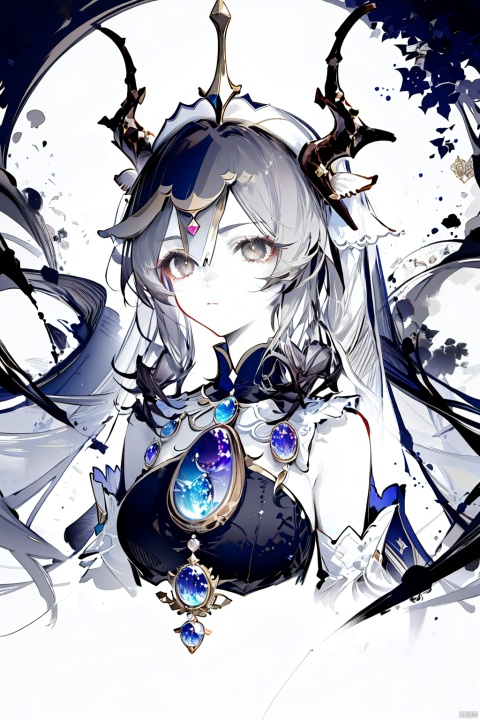 ink style, 1girl, solo, horns, monochrome, greyscale, veil, nilou (genshin impact), looking at viewer, breasts, long hair, bangs, upper body, fake horns, jewelry, twintails, closed mouth, parted bangs, medium breasts, low twintails, bare shoulders, brooch, expressionless