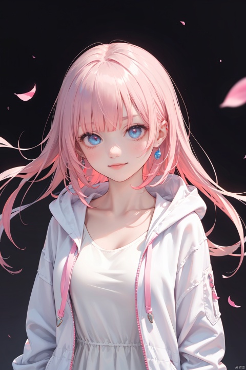 nai3, 1girl, solo, pink hair, long hair, looking at viewer, multicolored eyes, smile, hood, petals, jacket, blue eyes, bangs, white dress, dress, upper body, open clothes, closed mouth, open jacket, black background, collarbone, very long hair, hoodie, hood down, hooded jacket, virtual youtuber, breasts, drawstring
