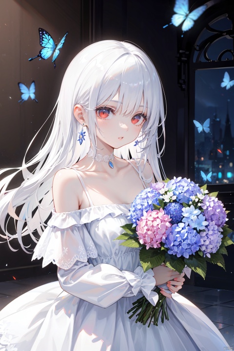 1girl, solo, long hair, looking at viewer, bangs, red eyes, dress, holding, bare shoulders, jewelry, collarbone, upper body, flower, white hair, earrings, parted lips, choker, off shoulder, white dress, blurry, book, bug, butterfly, lace trim, blue flower, bouquet, off-shoulder dress, white choker, holding bouquet, hydrangea, blue butterfly