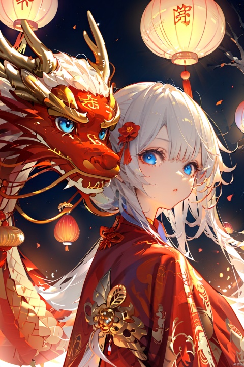 nai3,1girl,white hair,blue eyes,hair flowers,chinese clothes, eastern dragon,chinese new year,lantern