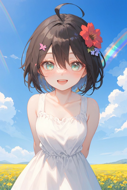 dress, white dress, blue eyes, fruit, hair ornament, food, green eyes, brown hair, ahoge, smile, hair flower, blurry, open mouth, flower, rainbow, looking at viewer, short hair, sleeveless dress, breasts, blue sky, :d, blush, day, sky, outdoors, bare shoulders, blurry foreground, bangs, hair between eyes, sleeveless, depth of field, solo focus, black hair, cloud, blurry background, pov, sundress, 1boy, arms behind back, grey hair,