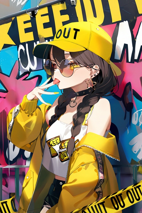masterpiece, best quality,1girl,graffiti, solo, looking at viewer,tongue out, round eyewear, very long hair, twin braids, baseball cap, white socks, yellow jacket, sunglasses, yellow shirt, off shoulder, nail polish, yellow nails, earrings, caution tape, choker, keep out, upper body,star (symbol),