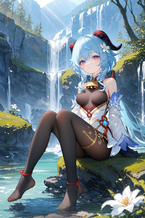 Ganyu (Genshin Impact),1girl, solo, long hair, horns, hair ornament, hair flower, blue hair, bell, ahoge, breasts, flower, detached sleeves, sitting, water, outdoors, neck bell, looking at viewer, bare shoulders, flower knot, bangs, blush, gold trim, blue eyes, goat horns, white flower, rock, pantyhose, day, waterfall, scenery, medium breasts, very long hair, black pantyhose, sunlight, long sleeves, full body, white sleeves, bodystocking, chinese knot, sidelocks, tassel, gloves, black gloves, cowbell, floating hair, moss, nature, wet, wide sleeves, river, closed mouth, rope,best quality, amazing quality, very aesthetic, masterpiece