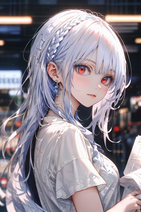 paper background, 1girl, solo, long hair, jewelry, looking at viewer, earrings, red eyes, short sleeves, upper body, holding, bangs, braid, shirt, blush, blurry, closed mouth, breasts, blurry background, white shirt, white hair, medium breasts, from side, dress, looking to the side, wavy hair