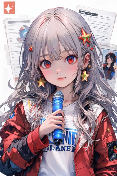 paper background, 1girl, jacket, long hair, hair ornament, jewelry, earrings, holding, red eyes, looking at viewer, star (symbol), solo, open jacket, star hair ornament, shirt, bangs, upper body, long sleeves, closed mouth, microphone, blush, open clothes, white shirt, white jacket, wavy hair, grey hair, collarbone