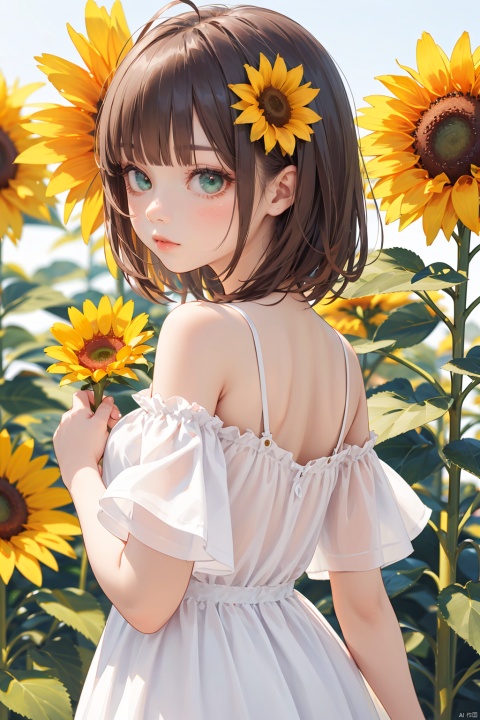 nai3, 1girl, solo, flower, green eyes, brown hair, white background, dress, sunflower, looking at viewer, holding, simple background, short hair, blush, white dress, holding flower, antenna hair, bare shoulders, off-shoulder dress, bangs, upper body, off shoulder, looking back, from behind, closed mouth, kinomoto sakura, yellow flower, hair intakes