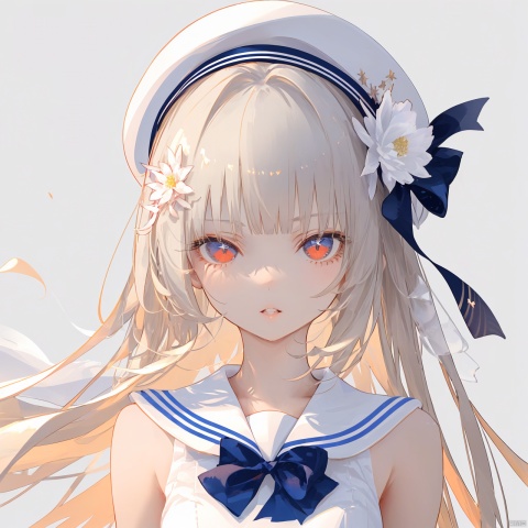 nai3, 1girl, solo, long hair, blonde hair, gloves, hat, white gloves, red eyes, looking at viewer, bangs, sleeveless, white headwear, dress, sailor collar, upper body, flower, white background, white dress, breasts, simple background, bow, bare shoulders, sleeveless dress, sailor dress, beret, own hands together, hair ornament, hair flower, small breasts, blue bow, ribbon, white sailor collar, parted lips, blunt bangs, sailor hat, very long hair, white flower