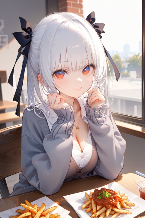  nai3,1girl,white hair,red eyes,1girl,  french_fries, smile, cleavage, solo, shirt, blush, looking_at_viewer, hair_ribbon, disposable_cup, cardigan, open_clothes, black_cardigan, long_sleeves, closed_mouth,  blurry, pov_across_table, cup, blurry_background, blunt_bangs, white_shirt, food, sleeves_past_wrists, open_cardigan, drinking_straw, two_side_up, collarbone, table, collared_shirt, hands_up, depth_of_field, indoors, head_rest,  ,best quality, amazing quality, very aesthetic