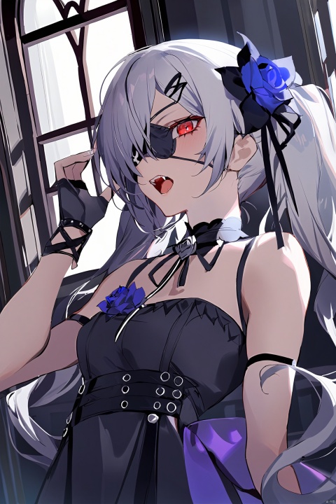 masterpiece, best quality,1girl,white hair,red eyes,1girl, solo, best quality, upper body, looking at viewer, open mouth, teeth, one eye covered, eyepatch, long hair,twintails, hair flower, fingerless gloves, black gloves, black dress, bare shoulders, ribbon, fangs, blue rose, black rose, purple rose, window,best quality, amazing quality, very aesthetic