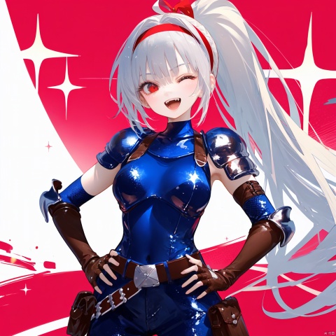 nai3, 1girl, gloves, solo, red eyes, long hair, one eye closed, fingerless gloves, hand on hip, pouch, ponytail, open mouth, smile, breasts, shoulder armor, armor, white hair, looking at viewer, black gloves, belt, bangs, belt pouch, headband, pauldrons, dress, cowboy shot, very long hair, hairband, ;d, sparkle, red headband, single pauldron, red hairband, medium breasts, hand up, bodysuit, teeth, brown belt, brown gloves, fangs, blue dress