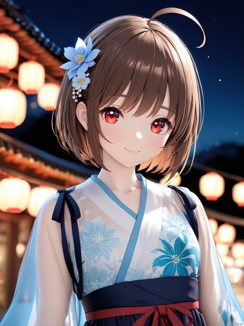 (masterpiece),(best quality),illustration,ultra detailed,hdr,Depth of field,(colorful),artist mmd,night,1girl,solo,red eyes,looking at viewer,hair ornament,short hair,upper body,brown hair,blurry,ahoge,bangs,see-through,depth of field,hanfu,smile,floral print,closed mouth,
