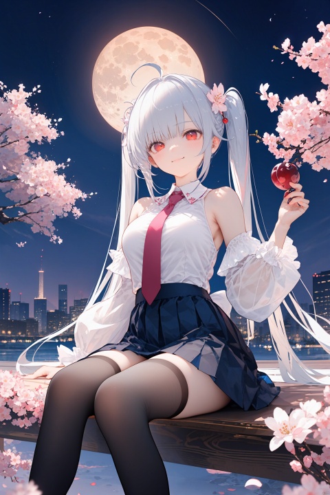  nai3,1girl,white hair,red eyes,,skirt, long_hair, cherry_blossoms, thighhighs, necktie, shirt, twintails, detached_sleeves, smile, hair_ornament, pleated_skirt, sitting, moon, holding_flower, holding, very_long_hair, in_tree, night, flower, petals, white_shirt, blush, sleeveless_shirt, closed_mouth, collared_shirt, full_moon, sleeveless, bangs, looking_at_viewer, sitting_in_tree, sky, ahoge, night_sky, breasts, pink_flower, bare_shoulders, tree, miniskirt, long_sleeves, branch, medium_breasts, , star_\(sky\), outdoors, feet_out_of_frame, blurry,best quality, amazing quality, very aesthetic