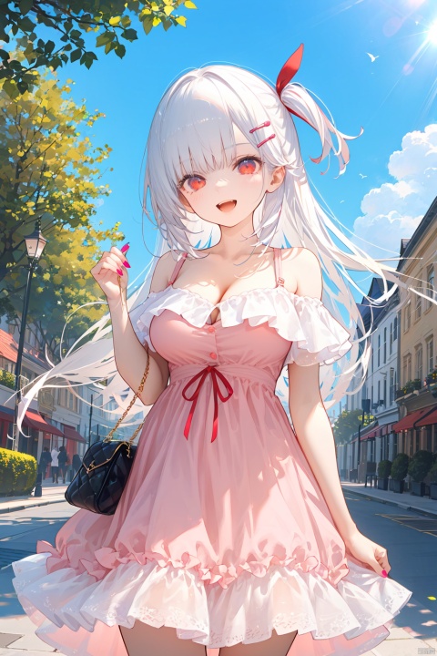  nai3,1girl,white hair,red eyes, 1girl, breasts, outdoors, solo, dress, smile, long_hair, red_eyes, hair_ornament, bag, open_mouth, pink_dress, day, cleavage, frilled_dress, sky, hairclip, looking_at_viewer, ribbon, building,collarbone, hair_ribbon, :d, frills, blush, large_breasts, sunlight, tree, bare_shoulders, bangs, off_shoulder, cloud, off-shoulder_dress, handbag, nail_polish, standing, blue_sky, upper_teeth_only, cowboy_shot, strap_between_breasts, shoulder_bag, teeth, red_ribbon, one_side_up, light_rays, between_breasts,,best quality, amazing quality, very aesthetic