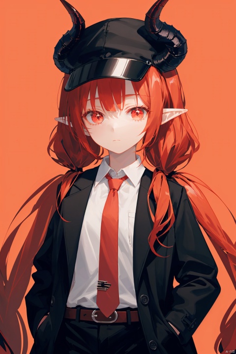 nai3, 1girl, horns, pointy ears, red eyes, red hair, solo, necktie, long hair, hat, hands in pockets, twintails, shirt, red necktie, belt, looking at viewer, black headwear, white shirt, very long hair, coat, low twintails, vest, horns through headwear, collared shirt, open clothes, open coat, red background, closed mouth, bangs, black coat, pants, black vest, black pants, long sleeves