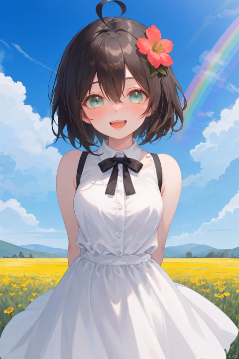 dress, white dress, blue eyes, fruit, hair ornament, food, green eyes, brown hair, ahoge, smile, hair flower, blurry, open mouth, flower, rainbow, looking at viewer, short hair, sleeveless dress, breasts, blue sky, :d, blush, day, sky, outdoors, bare shoulders, blurry foreground, bangs, hair between eyes, sleeveless, depth of field, solo focus, black hair, cloud, blurry background, pov, sundress, 1boy, arms behind back, grey hair,
