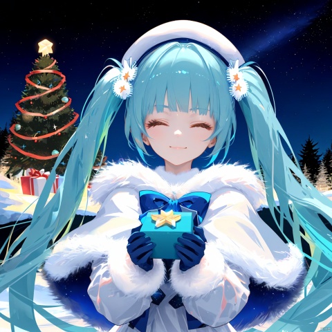 nai3, 1girl, solo, night, long hair, christmas lights, twintails, dress, hatsune miku, closed eyes, hat, christmas tree, white dress, smile, beret, white capelet, gloves, white headwear, sky, very long hair, night sky, capelet, bow, blue bow, fur-trimmed capelet, star (sky), tree, outdoors, facing viewer, fur trim, bangs, blue hair, starry sky, blue gloves, pine tree, holding, closed mouth, snowflake print, bowtie, long sleeves, blunt bangs, blue bowtie, christmas, hair ornament