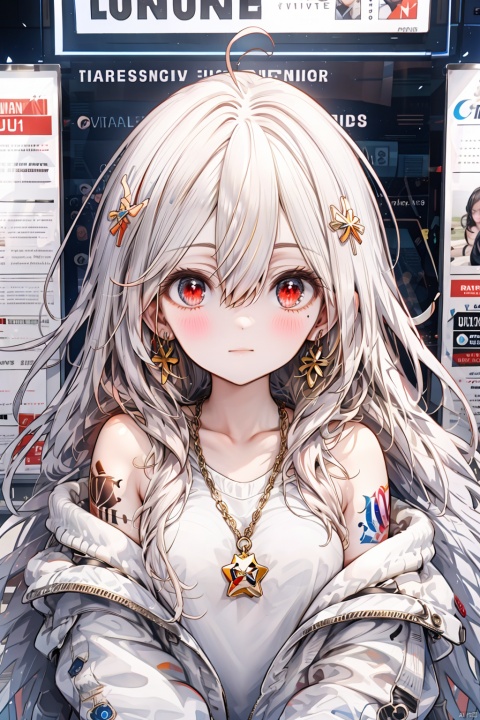 paper background, 1girl, long hair, jewelry, barcode, red eyes, looking at viewer, jacket, earrings, off shoulder, blush, hair between eyes, solo, upper body, bare shoulders, collarbone, closed mouth, necklace, bangs, tattoo, ahoge, open jacket, shirt, open clothes, hair ornament, wavy hair, sleeveless, white jacket, barcode tattoo, long sleeves, white shirt, white hair, grey jacket, very long hair, sleeveless shirt