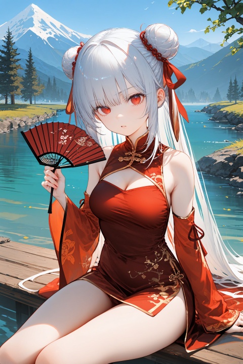  nai3,1girl,white hair,red eyes,1girl, solo, long_hair, chinese_clothes, hand_fan, dress, sitting, china_dress, double_bun, red_dress, hair_bun, looking_at_viewer, mountain, holding_fan, holding, detached_sleeves, hair_ornament, river, outdoors, water, ribbon, sleeveless_dress, red_ribbon , best quality, amazing quality, very aesthetic, absurdres,