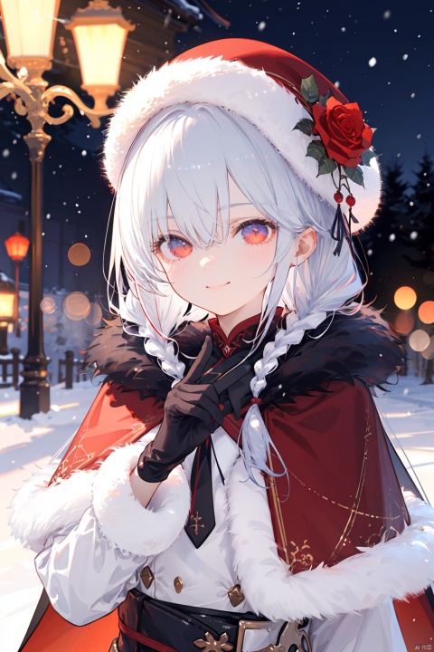  nai3,1girl,white hair,red eyes,flower, long_hair, black_gloves, red_flower, fur_trim, gloves, hair_between_eyes, rose, hat, bangs, braid, outdoors, blue_headwear, tree, twin_braids, red_rose, blush, looking_at_viewer, long_sleeves, very_long_hair, white_hair, blurry, depth_of_field, cape,  snow, night, smile, upper_body,  fur-trimmed_capelet, closed_mouth, capelet, fur-trimmed_cloak, snowing, hand_up, blurry_background,cowboy_shot ,best quality, amazing quality, very aesthetic, absurdres
