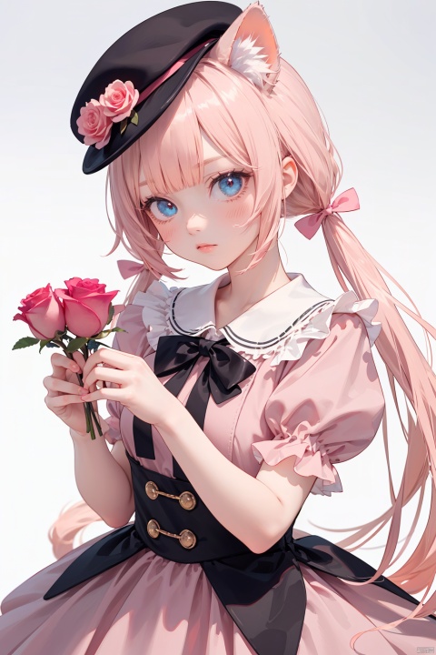 nai3, 1girl, solo, animal ears, blonde hair, blue eyes, long hair, holding, flower, rose, hat, blush, dress, twintails, looking at viewer, holding flower, blue headwear, petals, cat ears, animal ear fluff, bow, bangs, hair bow, short sleeves, white background, puffy sleeves, low twintails, pink dress, beret, pink flower, long sleeves, very long hair, gradient, gradient background, virtual youtuber, cat girl, simple background, pink rose, red bow, puffy short sleeves