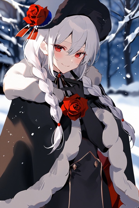 masterpiece, best quality,flower,1girl,white hair,red eyes, long_hair, black_gloves, red_flower, fur_trim, gloves, hair_between_eyes, rose, hat, bangs, braid, outdoors, blue_headwear, tree, twin_braids, red_rose, blush, looking_at_viewer, long_sleeves, very_long_hair, white_hair, blurry, depth_of_field, cape,  snow, night, smile, upper_body,  fur-trimmed_capelet, closed_mouth, capelet, fur-trimmed_cloak, snowing, hand_up, blurry_background,cowboy_shot 