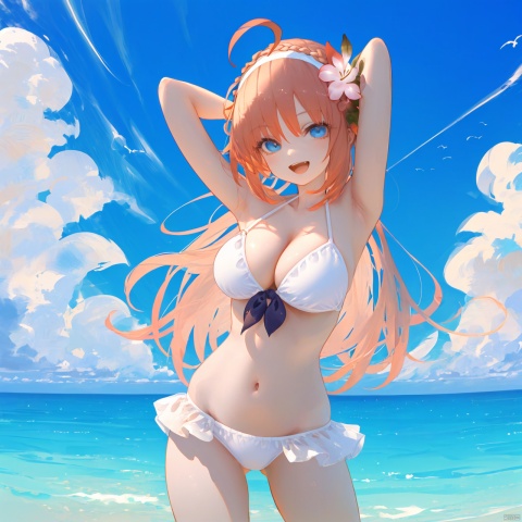 nai3, 1girl, breasts, solo, long hair, swimsuit, bikini, blue eyes, ahoge, navel, large breasts, flower, hair ornament, orange hair, side-tie bikini bottom, white bikini, looking at viewer, hairband, hair flower, cleavage, pecorine (princess connect!), open mouth, outdoors, smile, white hairband, very long hair, braid, sky, day, cowboy shot, arms up, halterneck, ocean, cloud, bangs, blue sky, thighs, stomach, string bikini, :d, front-tie top, bare shoulders, ass visible through thighs, armpits, arms behind head