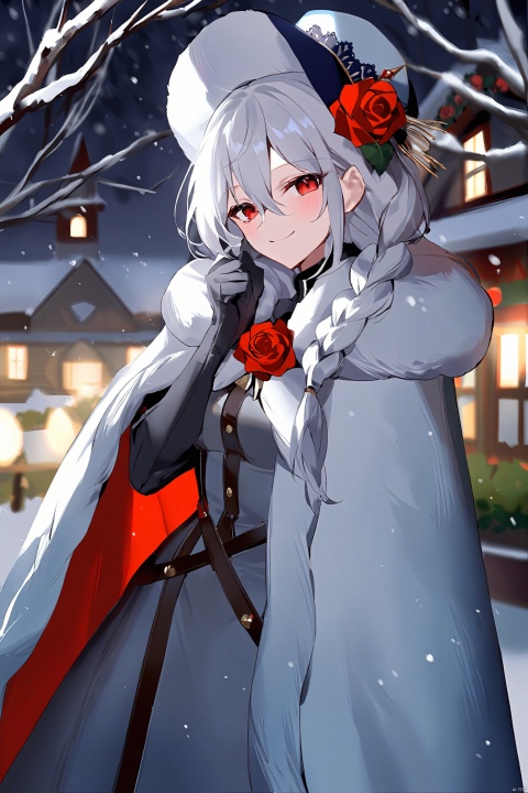 masterpiece, best quality,flower, long_hair, black_gloves, red_flower, fur_trim, gloves, hair_between_eyes, rose, hat, bangs, braid, outdoors, blue_headwear, tree, twin_braids, red_rose, blush, looking_at_viewer, long_sleeves, very_long_hair, white_hair, blurry, depth_of_field, cape,  snow, night, smile, upper_body,  fur-trimmed_capelet, closed_mouth, capelet, fur-trimmed_cloak, snowing, hand_up, blurry_background,cowboy_shot 
