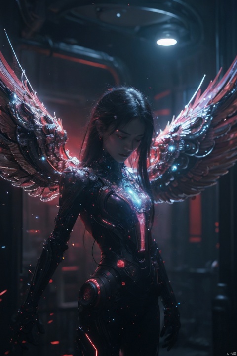  masterpiece,best quality,ultra high res,tashan,,dark red theme,background light,universe,sparkle,light particles,cyberpunk,humanoid,eyes closed, tashan,wings