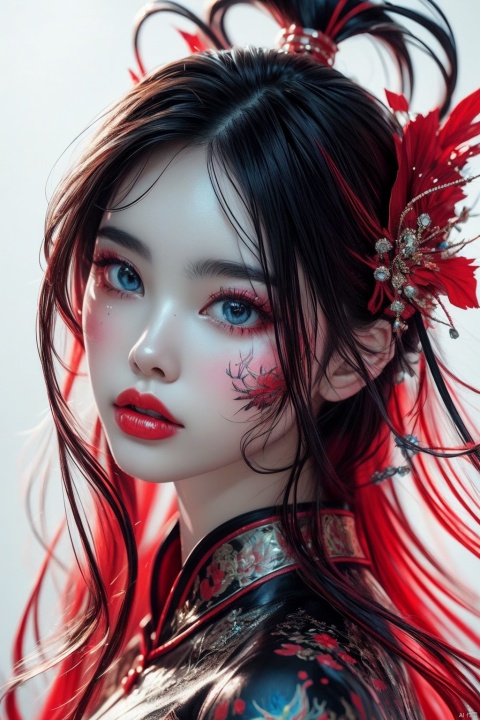 masterpiece,best quality,ultra high res,1girl,colorful tashan makeup,zoomed out Ink drawing of Vietnamese head lady, moden ao Dai, Peter Draws, digital illustration, comic style, Dong Son drum patterns background, black and white contrast.perfect anatomy, centered, dynamic, highly detailed, watercolor painting, artstation, concept art, smooth, sharp focus, illustration, art by Carne Griffiths and Wadim Kashin , indigo blue and red accent