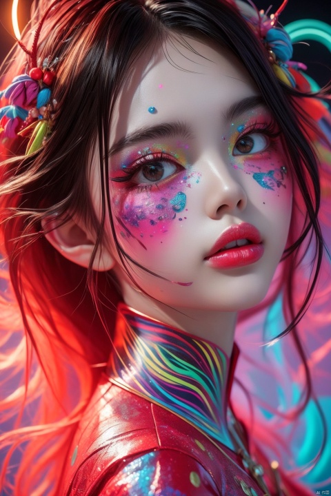 masterpiece,best quality,ultra high res,1girl,colorful tashan makeup,psychedelic, ornates, ornates, ornates, popup art, big cat 😺 silhouette, full covered neon multicolor paint, painted, dynamic holand angle