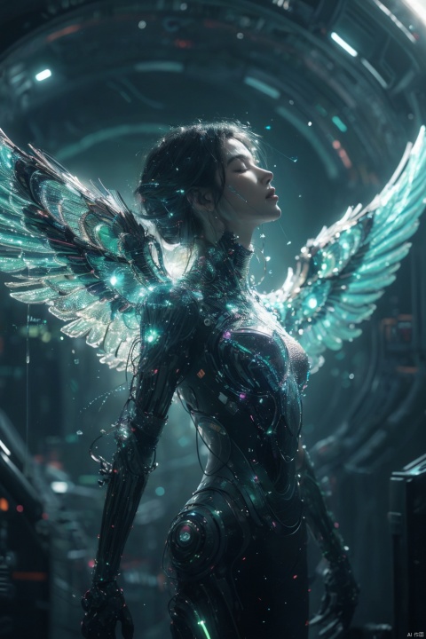  masterpiece,best quality,ultra high res,tashan,,green theme,background light,universe,sparkle,light particles,cyberpunk,humanoid,eyes closed, tashan,wings