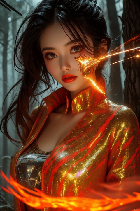 masterpiece,best quality,ultra high res,1girl,colorful tashan makeup,(((meteorite))),(((forest))). (((fog))),Makeup, More Detail,,(((fire))),(((night)))