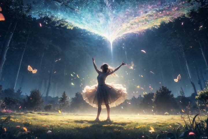 masterpiece,best quality,ultra high res,1girl,Ash gray theme,colorful,Contrast,Overhead,Sleek,Magical Meadow with Glowing Fireflies and Dancing Fairies,,tashan,