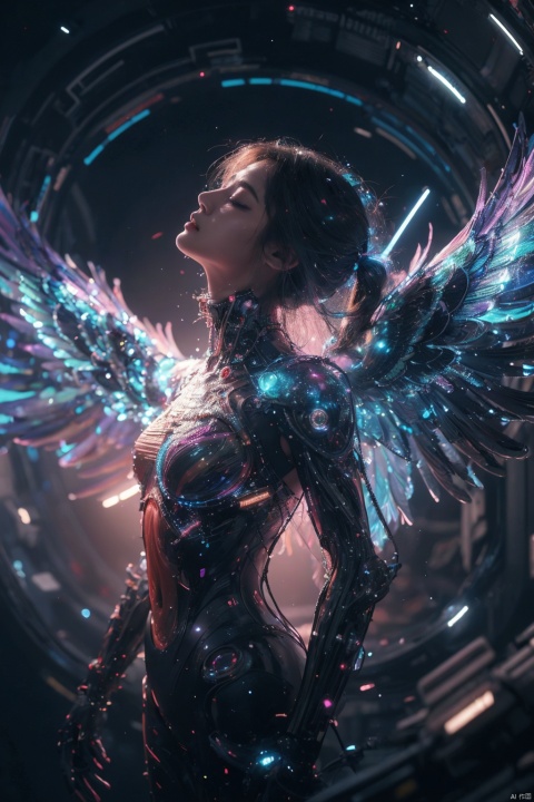  masterpiece,best quality,ultra high res,tashan,,__color__ theme,background light,universe,sparkle,light particles,cyberpunk,humanoid,eyes closed, tashan,wings