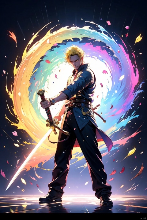  tashan,colorful,1boy,male focus, yellow hair,energy sword,glint,glowing sword,Unsheathed sword,solo, yellow Hanfu,Grasp the hilt with your hand,Brave and spirited,sword-dance,holding sword,looking at viewer,petals,solo,standing, glow