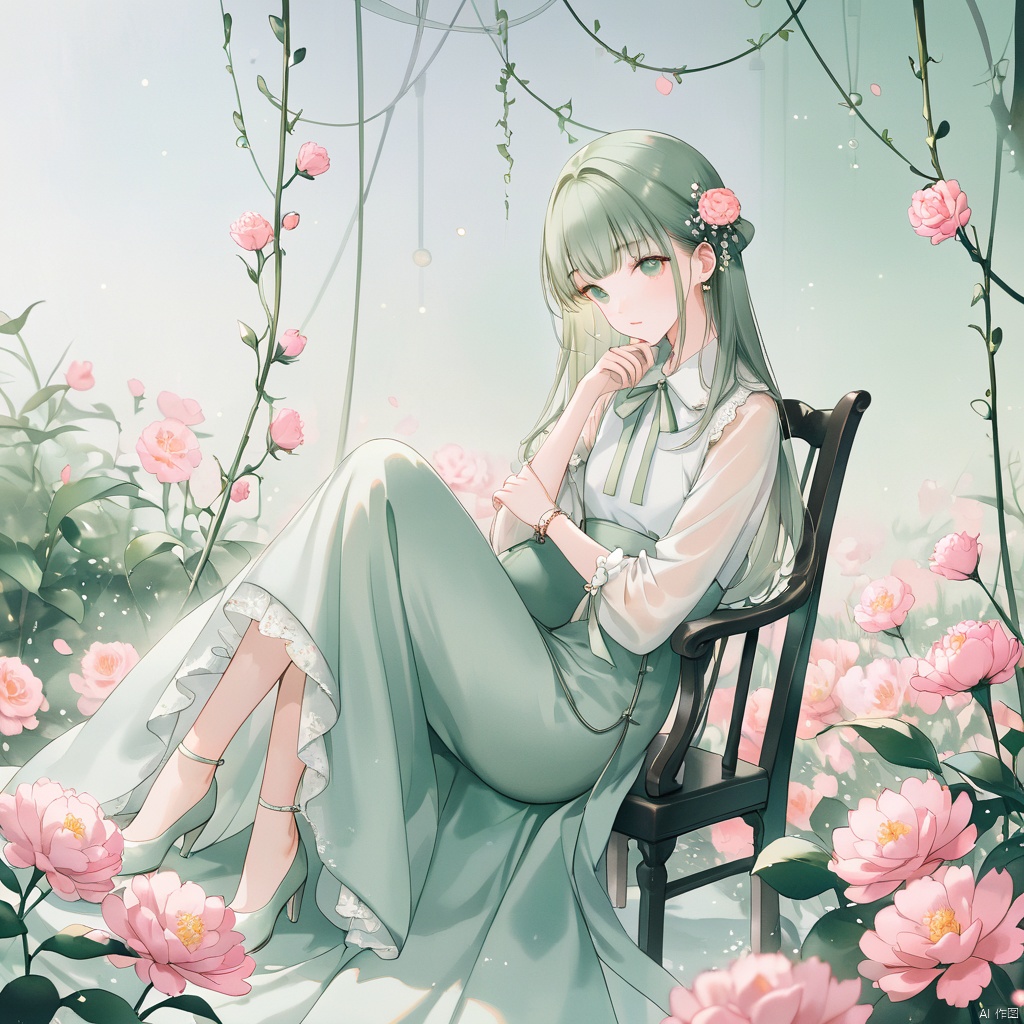  1girl,moyou,masterpiece, High resolution, High quality,blurry foreground,blurry background,(dark gray green),(Hazy flowers)(Gray-green solid color background),Velvet flowers,35mm,Large aperture,(Depth of field),(Hazy feeling), Dream scene
Layered plants, Tiny vines, (Large Carnation growing on vines), Very few flowers,Very few flowers, white and light pink Velvet flowers,
advertising campaign, a chair surrounded by flowers,The background features green plants and roses,(soft lighting) 
in the style of Tim Walker's Prada fashion campaigns, In the style of Tim Walker's Prada fashion campaigns,
Dior advertisement Scenery,Prada's aesthetic,
(white rose:0.9),minimalistic,
,pastel shades,dream aesthetic,nature and floral aesthetics,
Photorealistic,dreamy light color palette,(Oil painting texture), (Classical color), fantasy,
(in style of petra collins),
