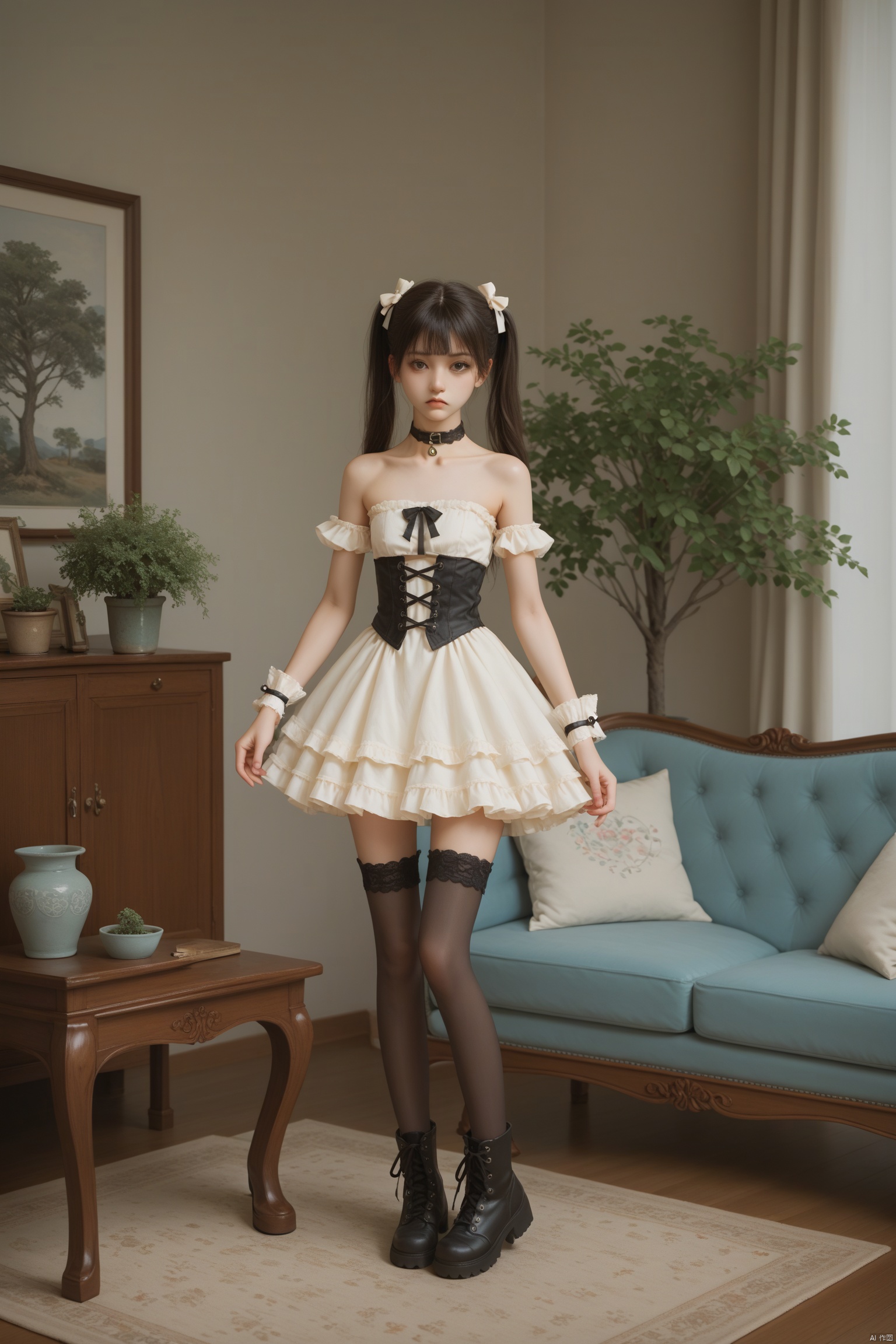 score_9, score_8_up, score_7_up, score_6_up, 
living room, table, couch, tree pot,
standing, frown, 
mafuyu, twintails, long hair, lolita_fashion, bare shoulders, boots, choker, dress, miniskirt, wrist cuffs, ribbon, stlapless, striped thighhighs, cross-laced footwear, lock
