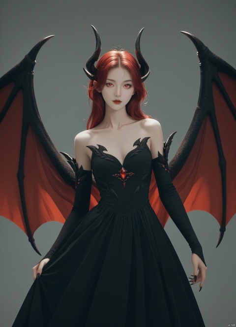 (score_9,score_8_up,score_7_up),1girl, girl demon, red hair, red eyes, wings, claws, black dress, beautiful_face, monkren