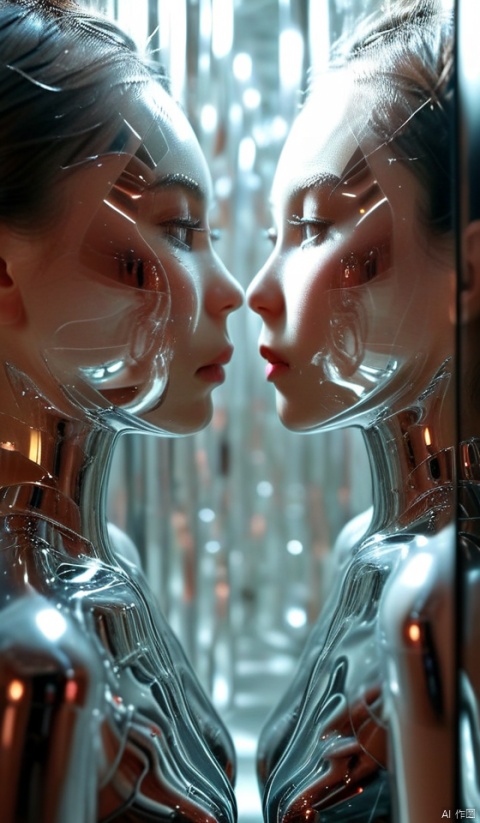 1girl,Beautiful woman in a Mirror World: Reflective, crystalline realm with endless mirrors, elegant woman with a graceful and serene demeanor, her image multiplied and fragmented in the mirror maze, soft and ambient lighting creating a mysterious allure, harmonious color palette with reflective surfaces casting subtle prismatic effects,(wind:1.2)