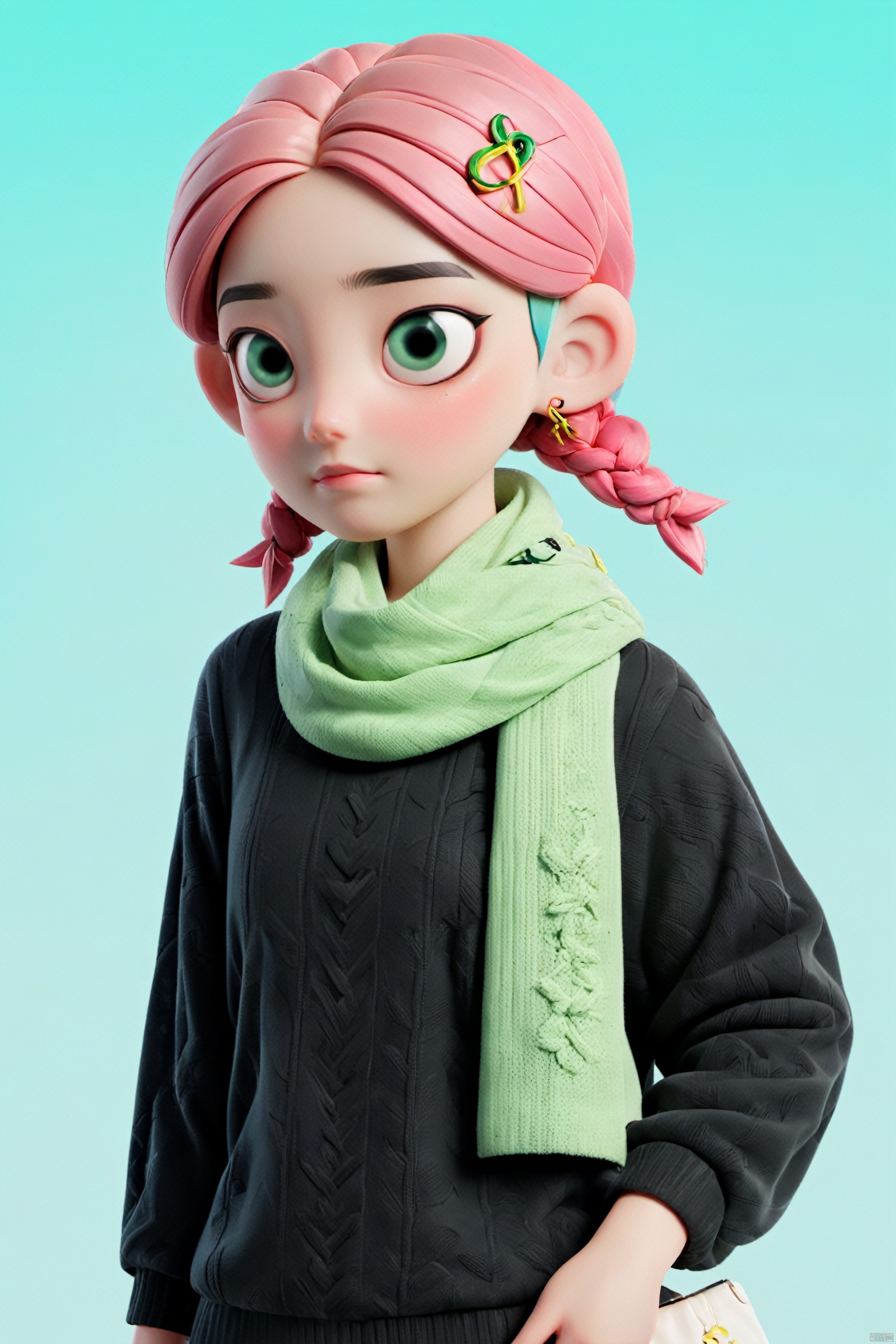  Best quality,masterpiece,ultra high res,yuan_3D_character,1girl,solo,hairclip,hair ornament,scarf,pink hair,black eyes,sweater,gradient background,braid,upper body,(white background:1.5),1girl, aqua background, black eyes, blue background, blue sky, day, gradient, gradient background, green background, hair ornament, hairclip, jacket, long sleeves, scarf, sky, solo,