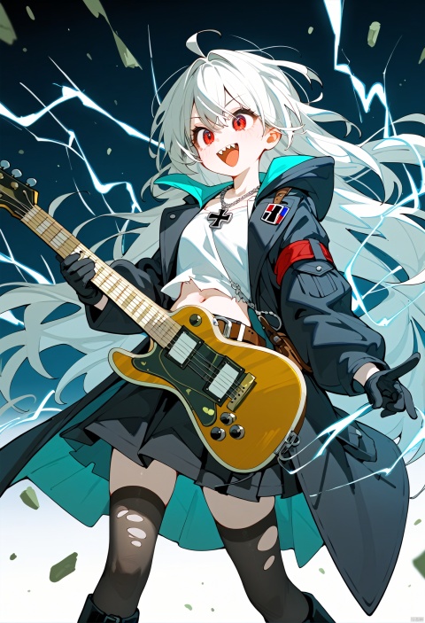  score_9, score_8_up, score_7_up, masterpiece, best quality,1girl, solo, instrument, thighhighs, belt, guitar, black footwear, gloves, black gloves, boots, long hair, pointing up, navel, coat, electric guitar, pointing, diffraction spikes, jewelry, arm up, belt buckle, black background, open coat, skirt, cross, buckle, open mouth, standing, x, pouch, teeth, necklace, black coat, torn clothes, white hair, open clothes, green hair, electricity, multicolored hair, black skirt, holding guitar, belt pouch, red eyes, upper teeth only, cross necklace, black hair, sunglasses, black thighhighs, iron cross, green trim, v-shaped eyes, torn thighhighs, midriff, smile, sharp teeth, amplifier, holding instrument, zettai ryouiki, holding