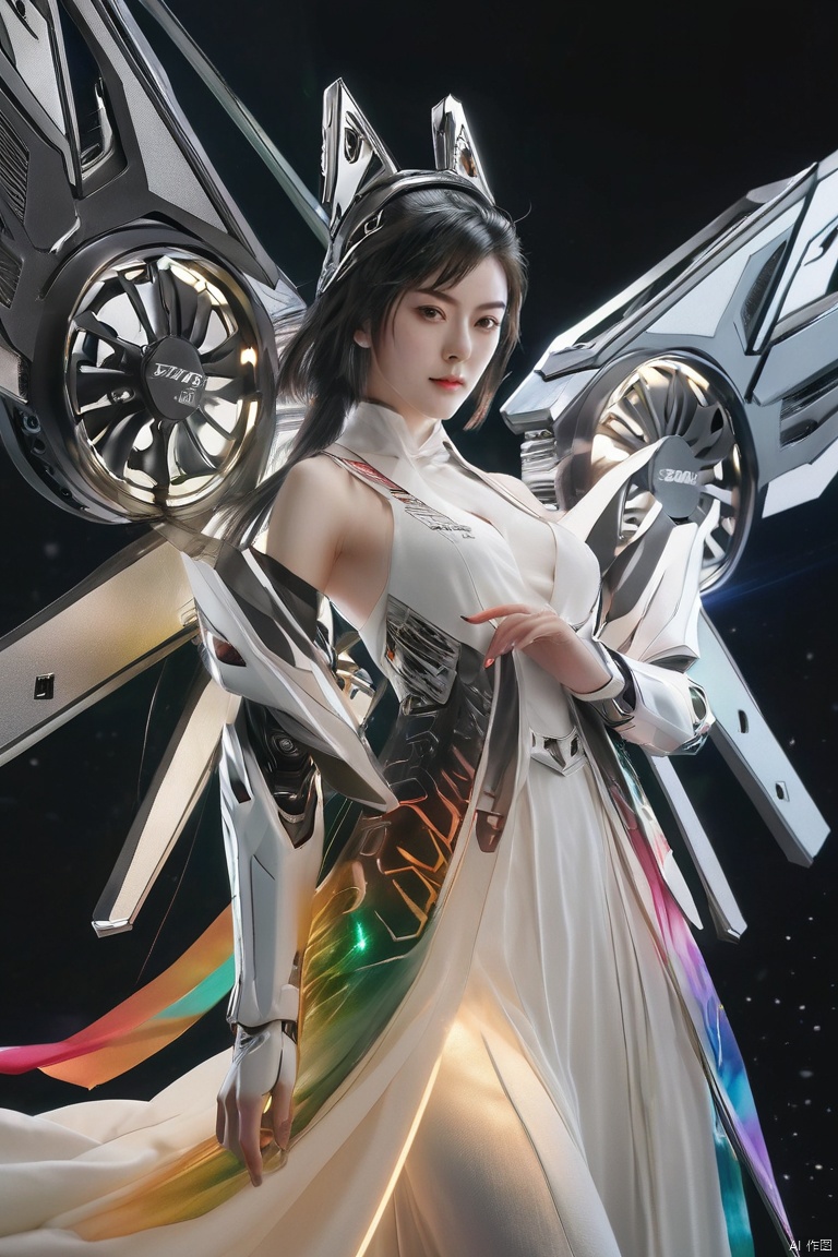  (1girl:1.3),full_body,gundam,highly realistic,glassy translucence,graceful, pose, blink-and-you-miss-it detail,Sci-fi light effects,(Illuminated circuit board:1.6),rich colors,gorgeous colors,colorful, with light beams on the face, tianqi, tqj-hd, TIANQIJI